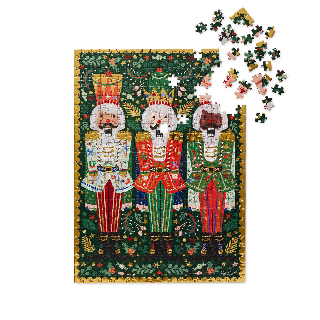 Rifle Paper Co 500 Piece Nutcracker Brigade jigsaw puzzle almost complete.