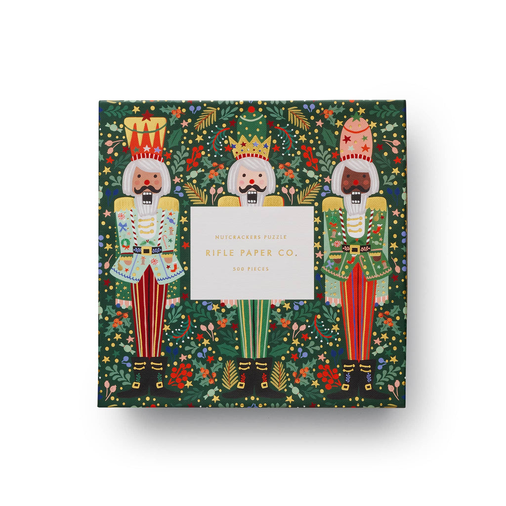 Rifle Paper Co 500 Piece Nutcracker Brigade jigsw puzzle in box packaging, front view.