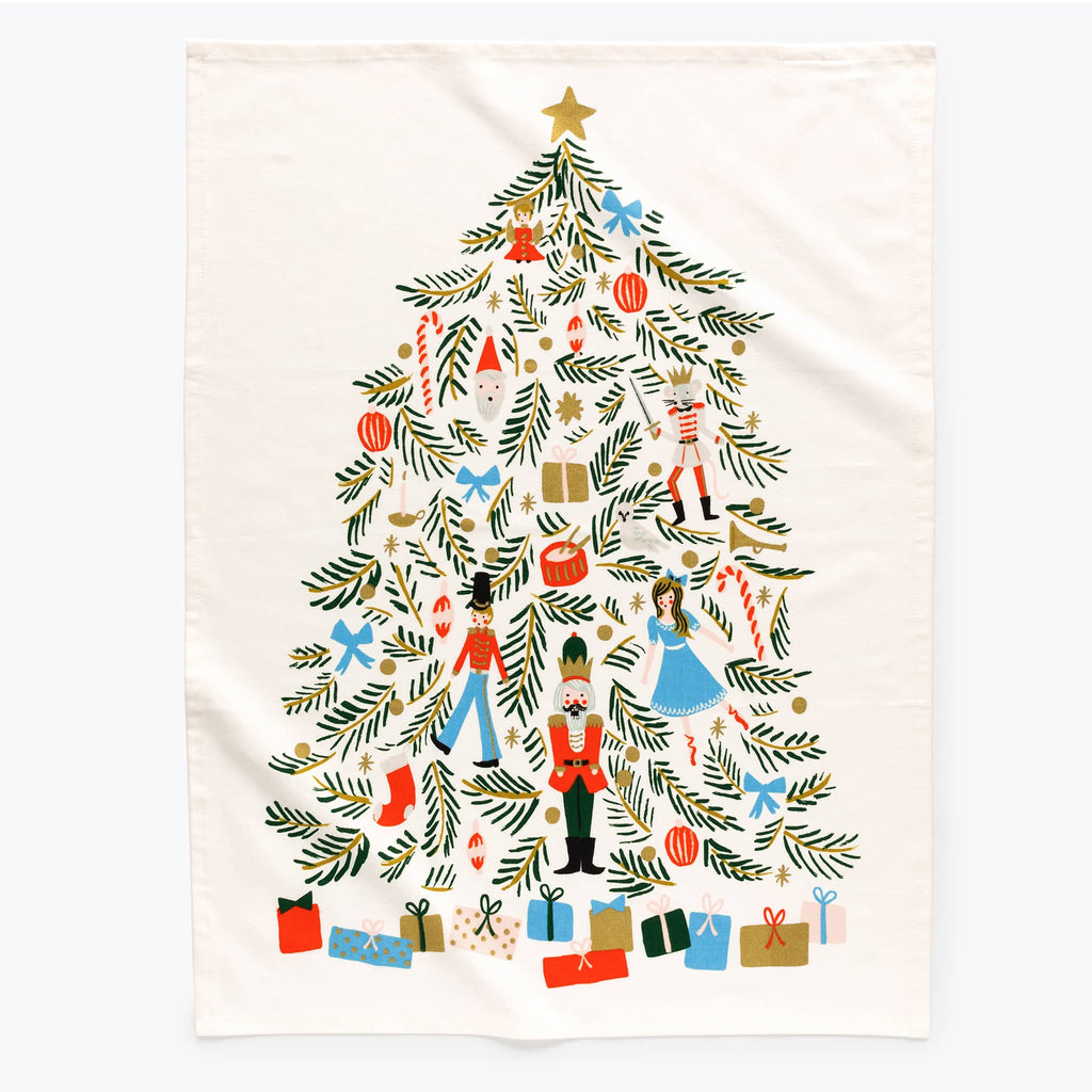 Rifle Paper Co. Christmas Tree Nutcracker cotton tea towel, flat.