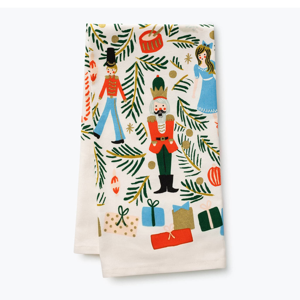 Rifle Paper Co. Christmas Tree Nutcracker cotton tea towel, folded, detail.