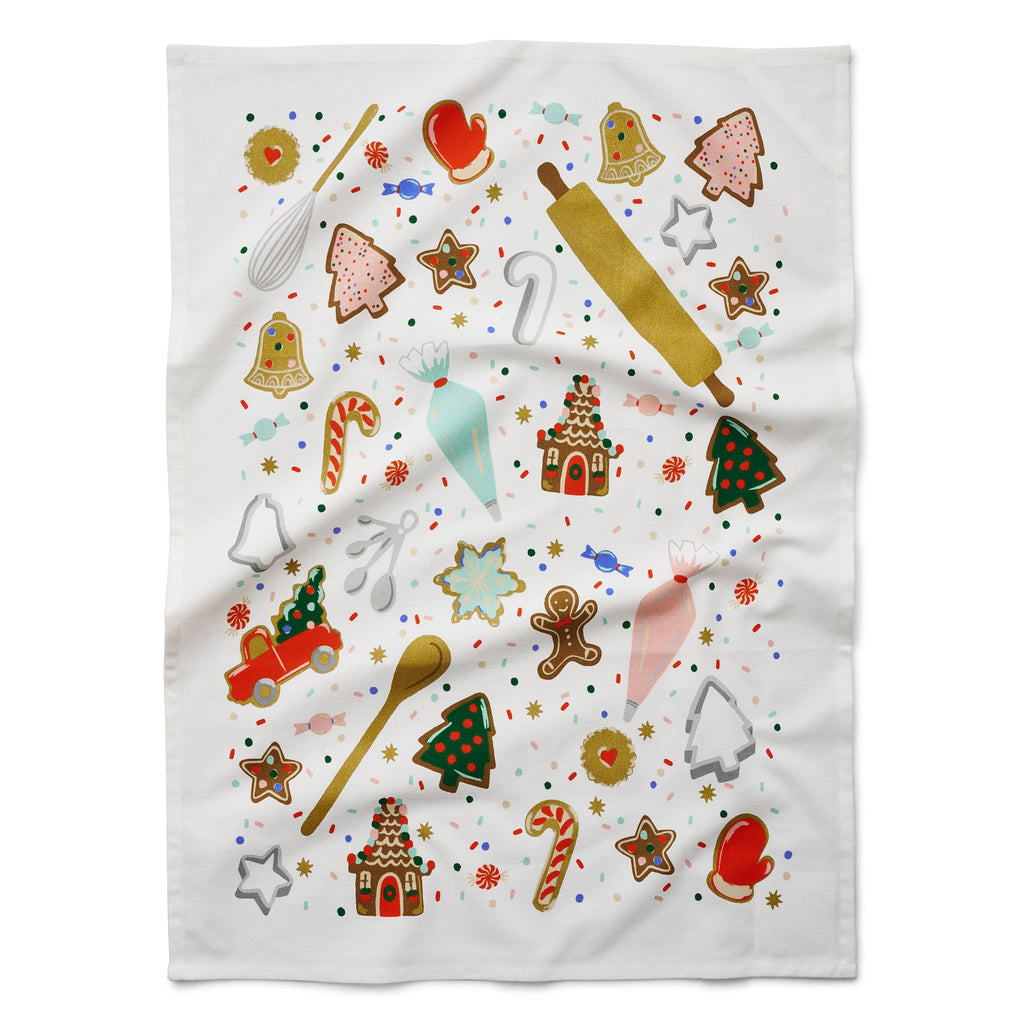 Rifle Paper Co. Christmas Cookies illustrated cotton tea towel, flat.