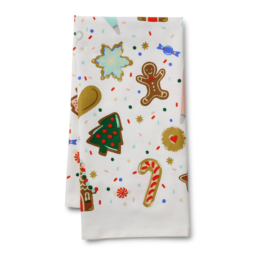 Rifle Paper Co. Christmas Cookies illustrated cotton tea towel, folded.