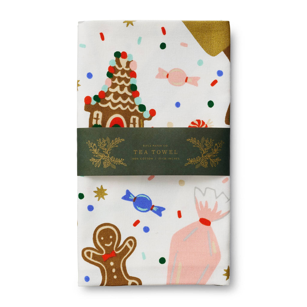 Rifle Paper Co. Christmas Cookies illustrated cotton tea towel in packaging.