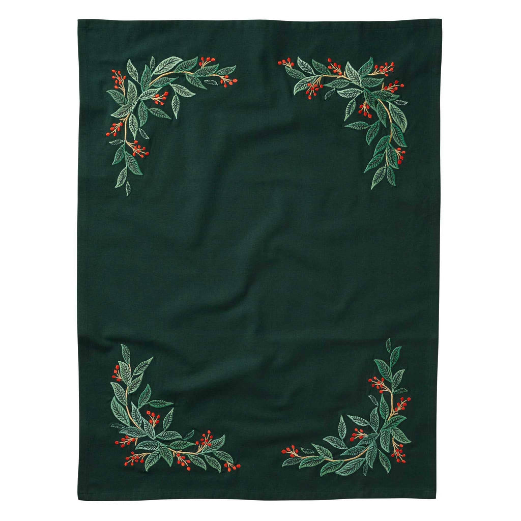 Rifle Paper Co. Willowberry embroidered dark green cotton tea towel, flat.