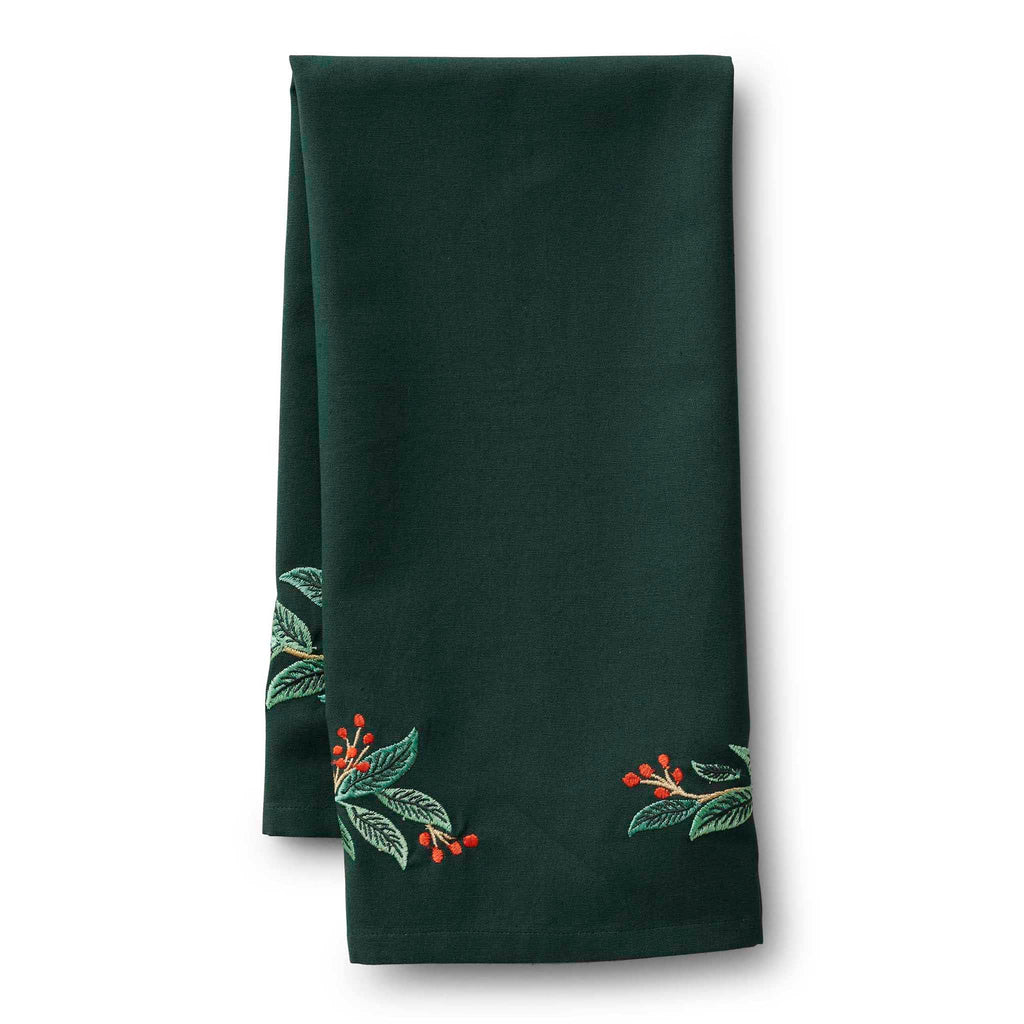 Rifle Paper Co. Willowberry embroidered dark green cotton tea towel, folded.