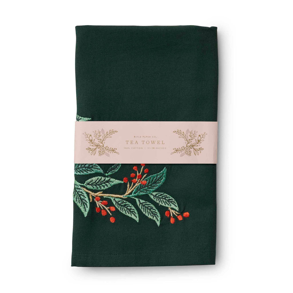 Rifle Paper Co. Willowberry embroidered dark green cotton tea towel in packaging.