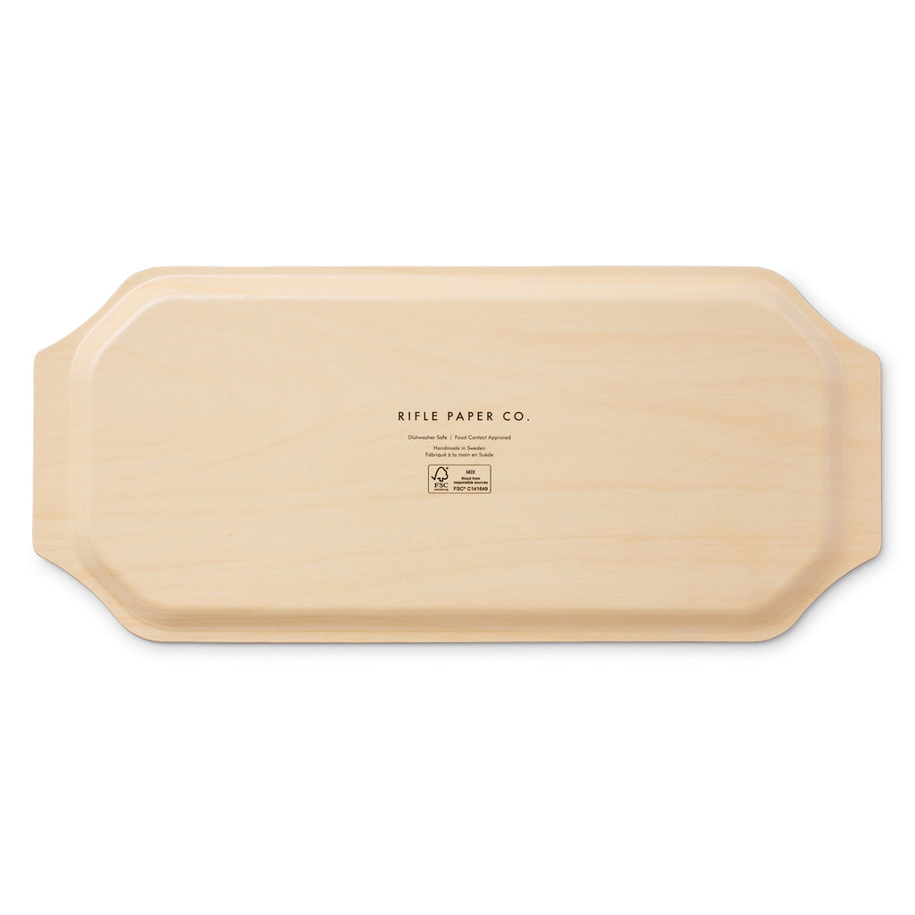 Rifle Paper Co. vintage-style bent ply rectangle holiday serving tray, back view showing wood base.