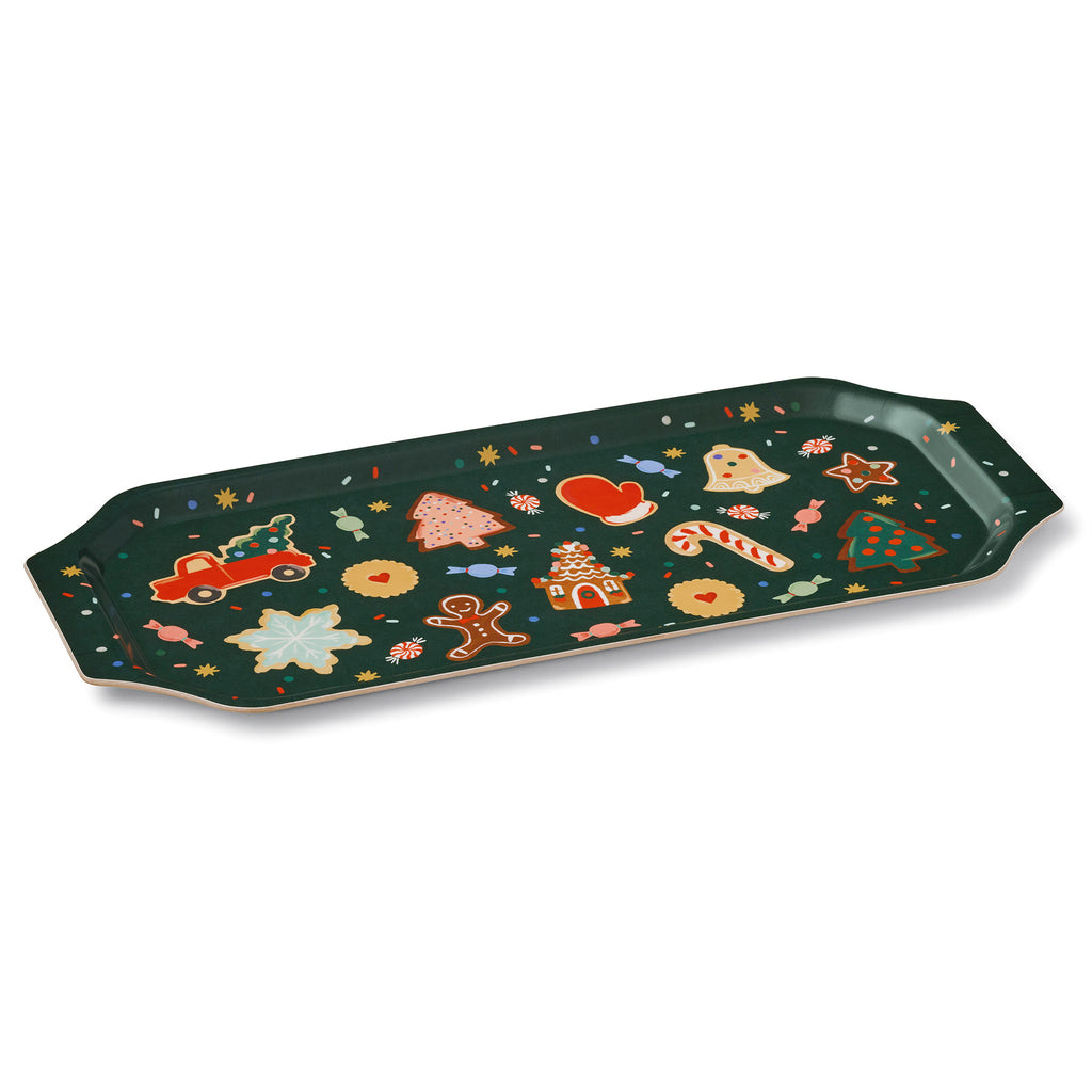 Rifle Paper Co. vintage-style bent ply rectangle holiday serving tray with illustrations of colorful cutout cookies with candy and sprinkles on a dark green background, side and top view.