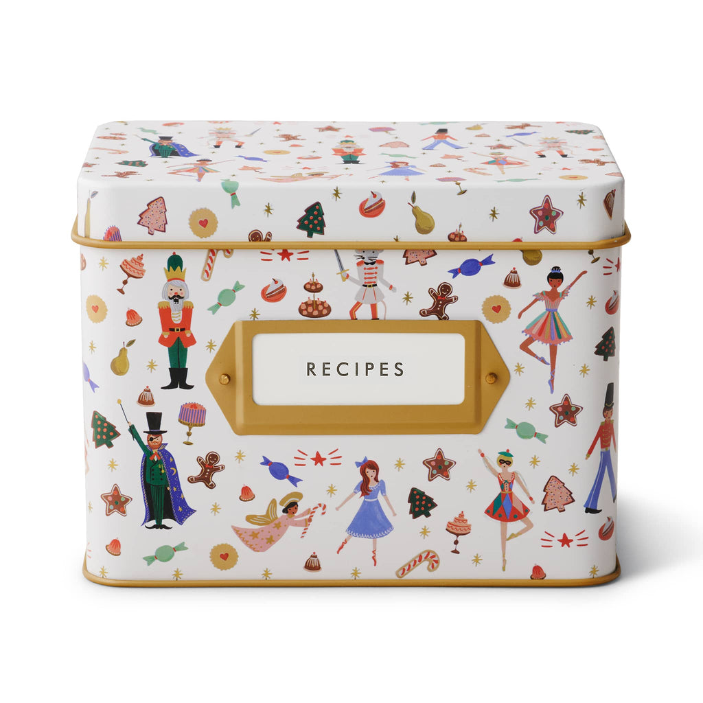 Decorative recipe box with colorful holiday illustrations on a white background.