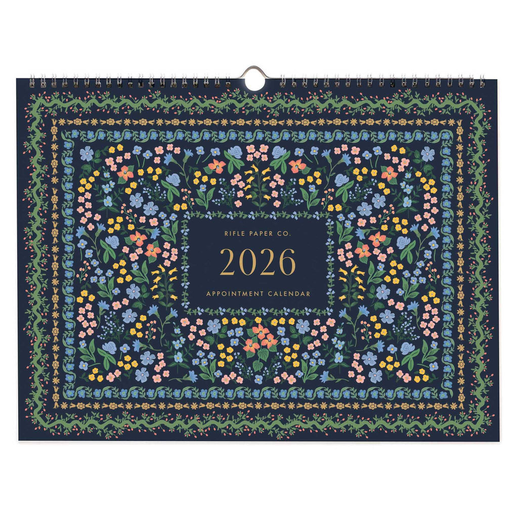 Rifle Paper Co. 2026 Wildwood Appointment Calendar, front cover with floral print, on a white background.