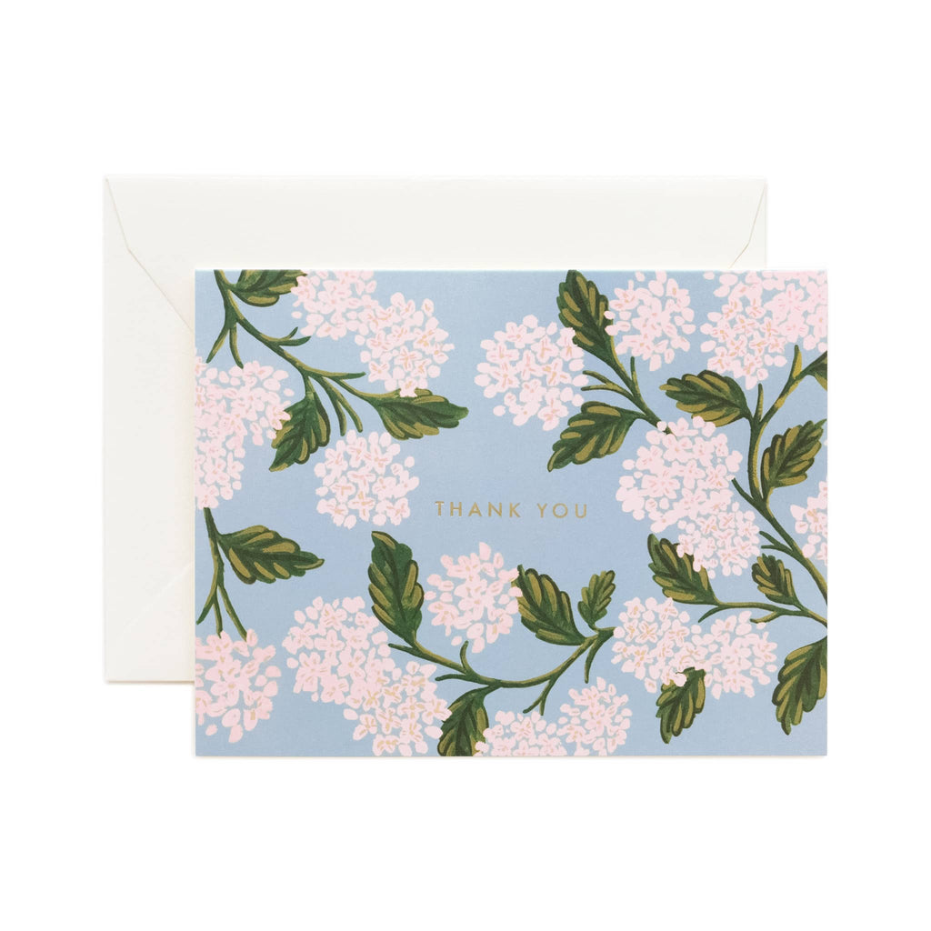 Rifle Paper Thank You card with hydrangea print and soft white envelope.