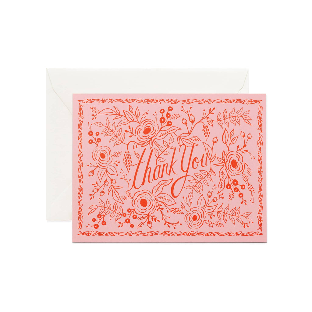 Rifle Paper Thank You card with red rose floral print on a pink background and soft white envelope.