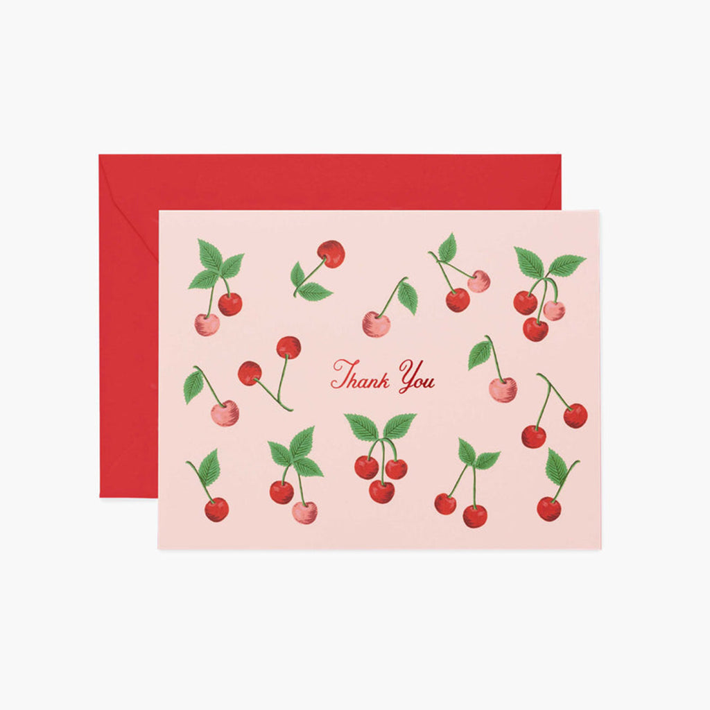 Rifle Paper Co. Cherries Thank You greeting card with red envelope.