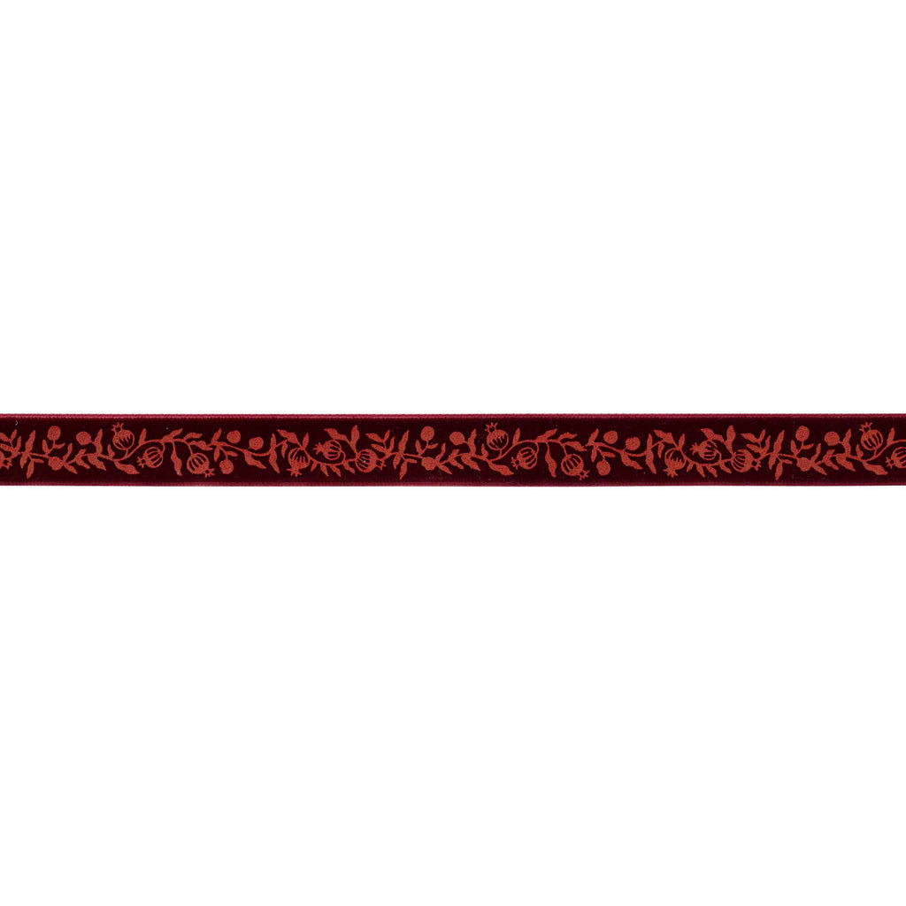 Rifle Paper Co. Christmastide pomegranate velvet ribbon, flat detail.