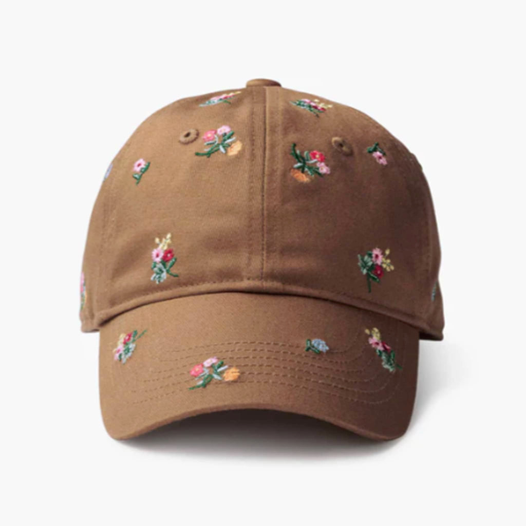 Brown cap with floral embroidery, front view, on a white background.