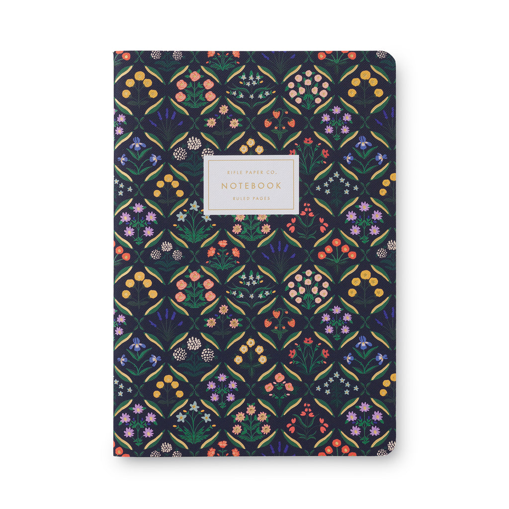 Rifle Paper Co. Estee Stitched Notebook floral print front cover in navy.