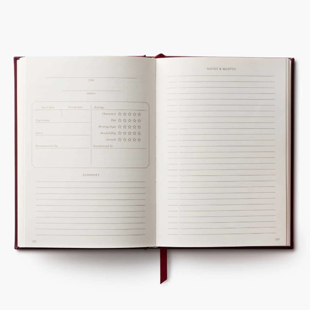 Open notebook with lined pages with book notes on a white background.