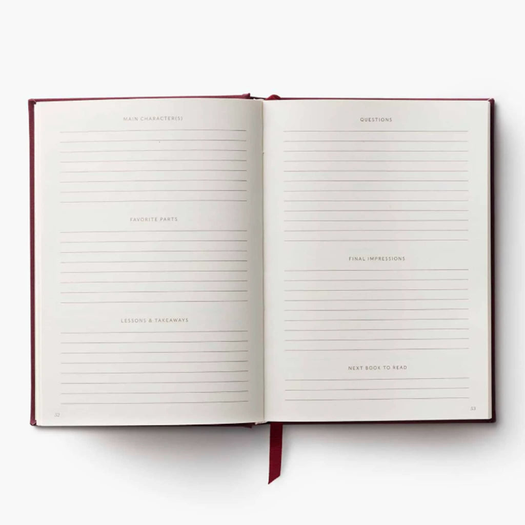 Open notebook with lined pages and book prompts on a white background.