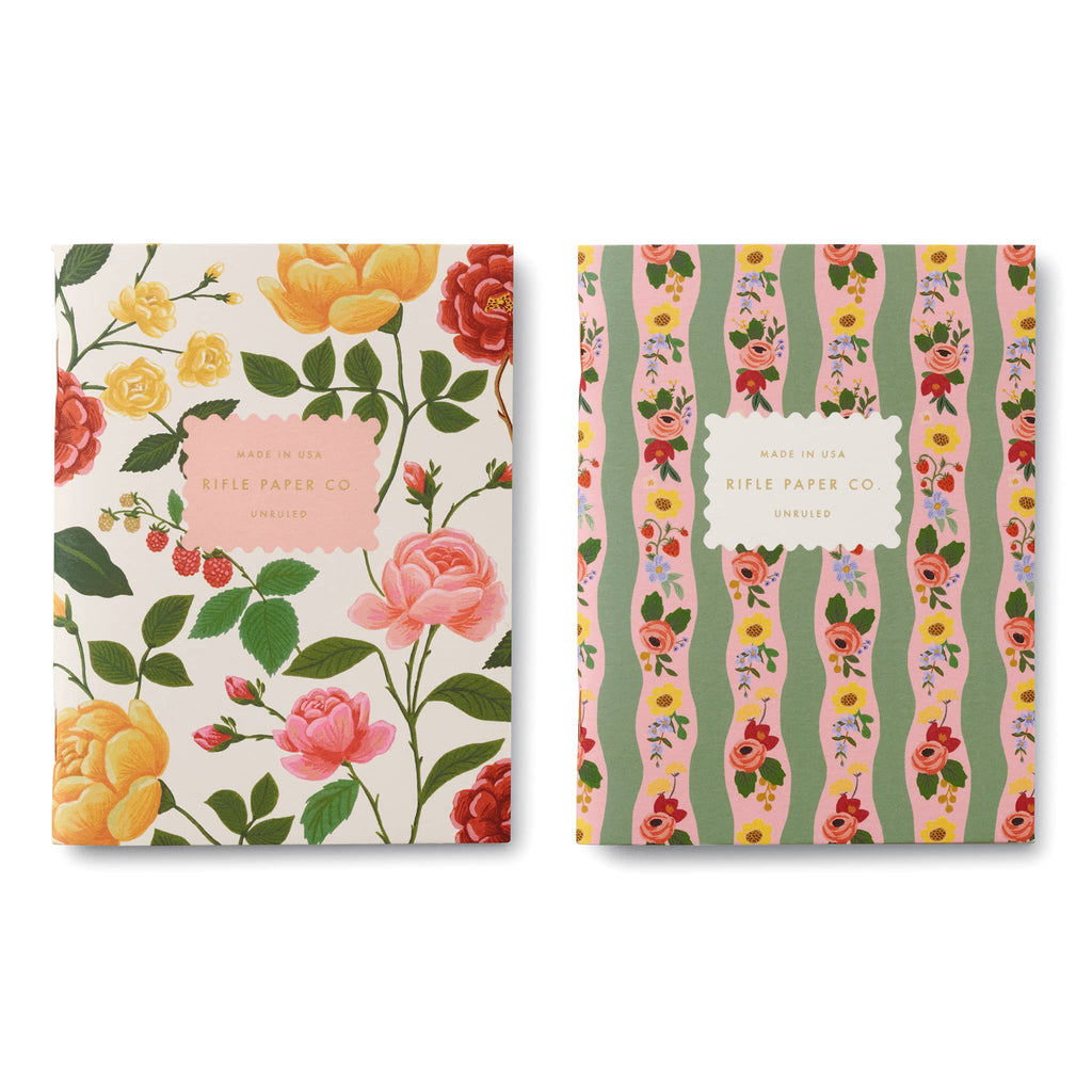 Rifle Paper Co. Roses Pocket Notebooks, set of 2, each with a different rose floral design and stitched binding.