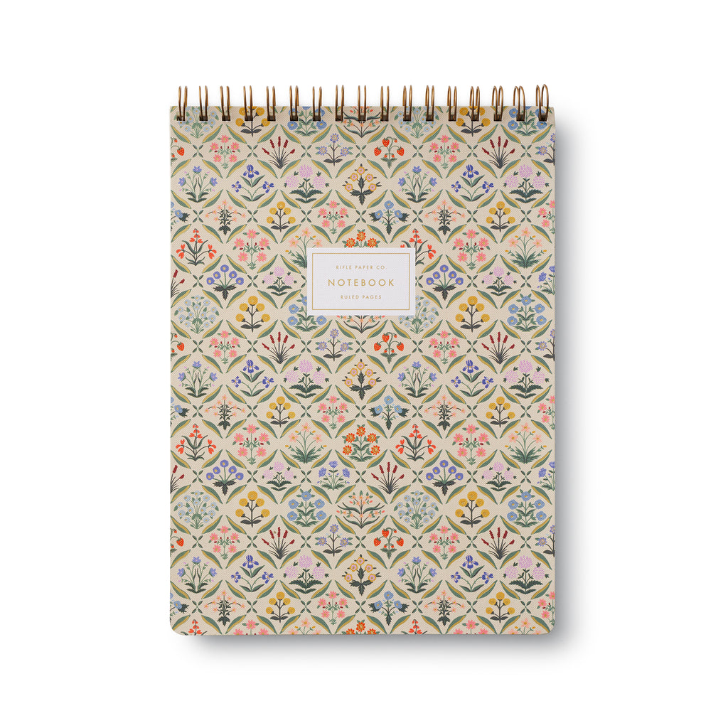 Rifle Paper Co. Estee large top spiral notebook, front cover with colorful floral illustrations.