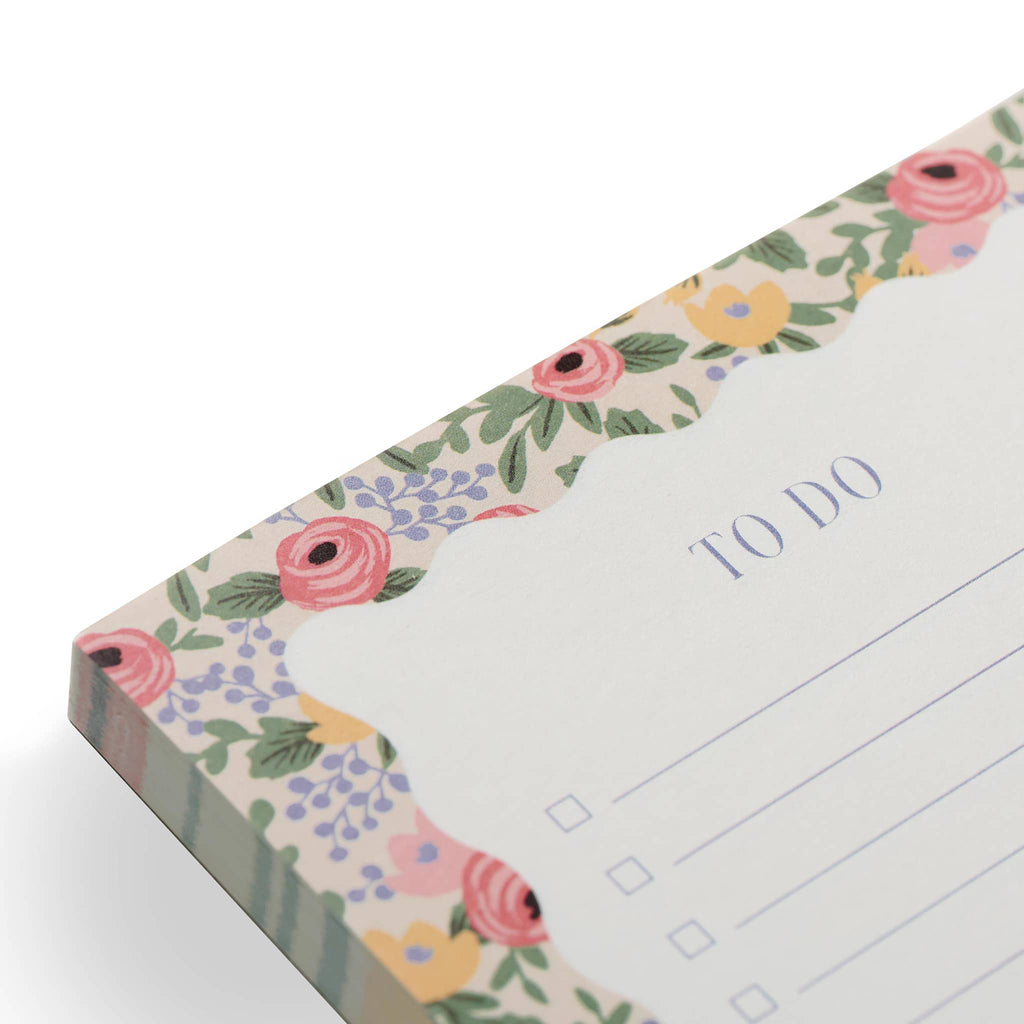 Rifle Paper Co. Rosa To-Do Checklist Notepad, corner detail.