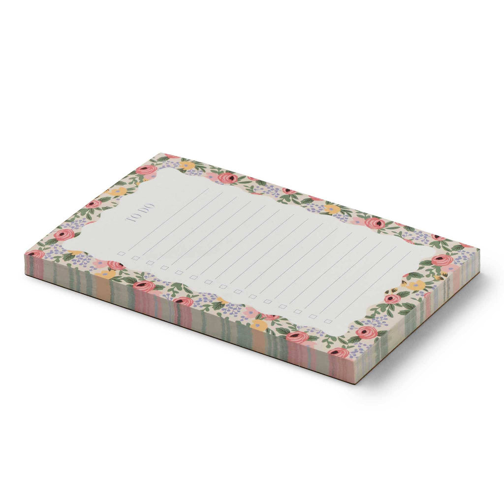 Rifle Paper Co. Rosa To-Do Checklist Notepad, side view.