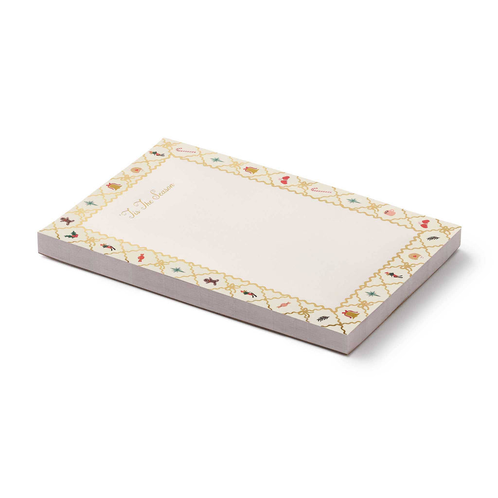 Notepad with decorative holiday-themed border and 'Tis the Season' at the top, side and top view, on a white background.