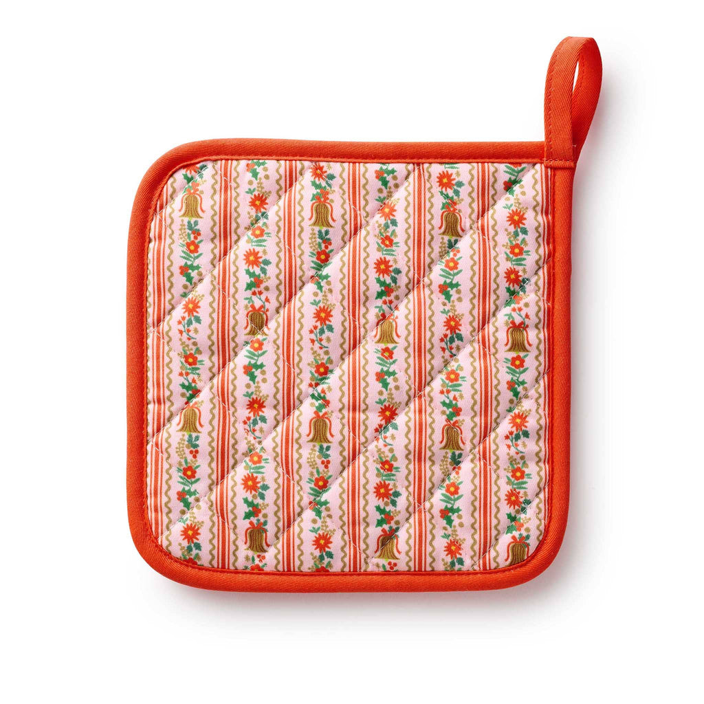Back of Holly Jolly red and pink pot holder with floral and bell pattern, on a white background.