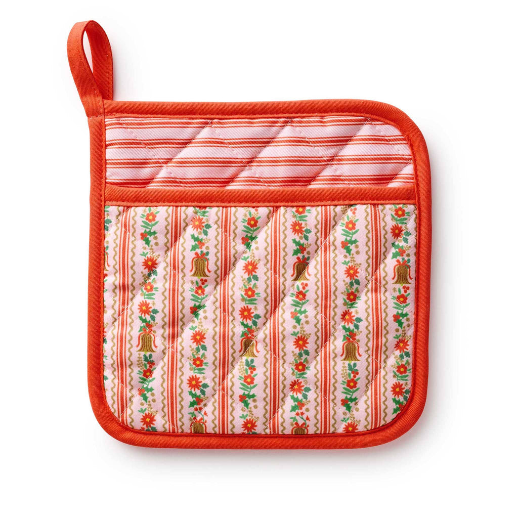 Holly Jolly red and pink striped pot holder with floral and bell pattern, on a white background.