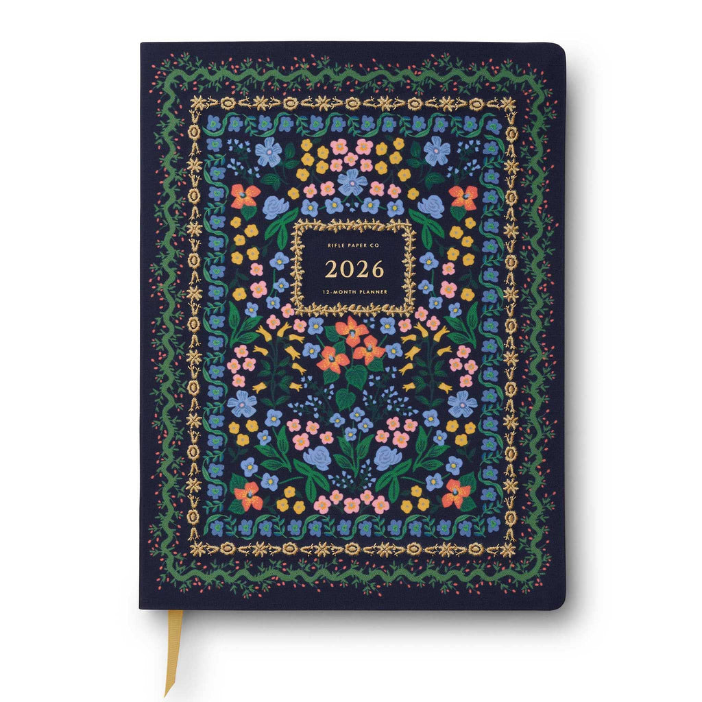 Rifle Paper Co. Wildwood 2026 12-month floral embroidered book bound planner, front cover, on white background.