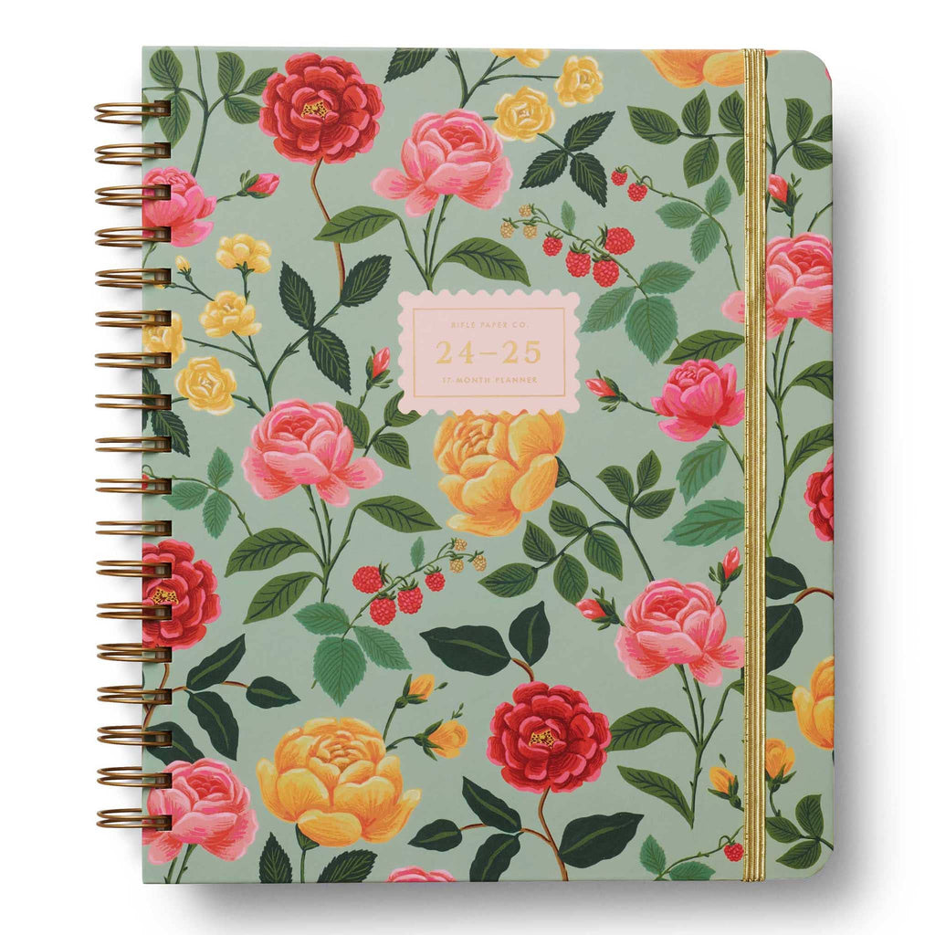 Rifle Paper Co. Roses 2024-2025 17-Month Academic spiral bound planner, front cover.