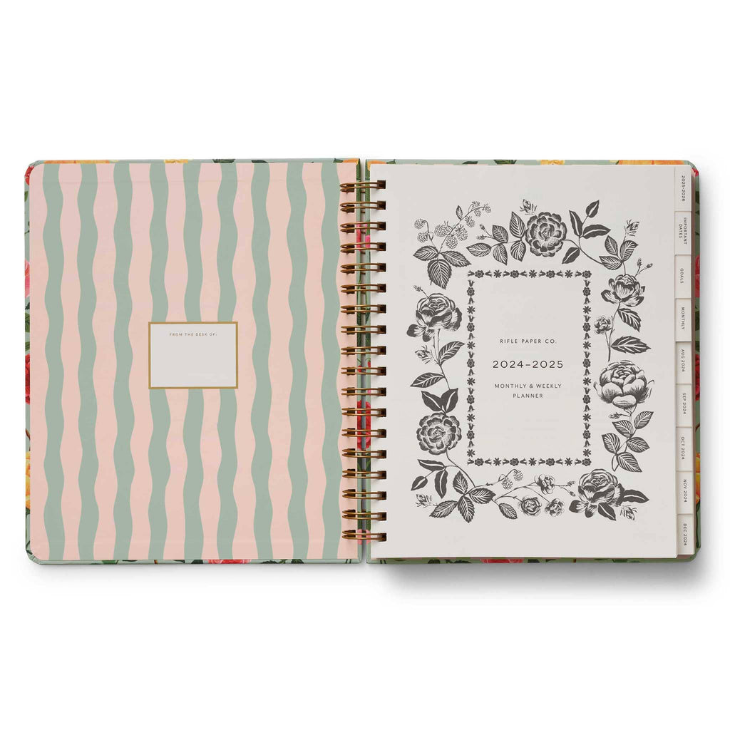 Rifle Paper Co. Roses 2024-2025 17-Month Academic spiral bound planner, inside front cover.