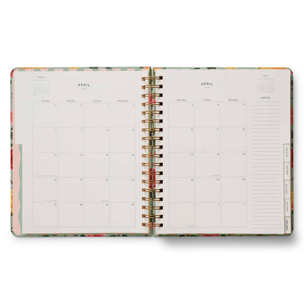 Rifle Paper Co. Roses 2024-2025 17-Month Academic spiral bound planner, sample monthly view pages.