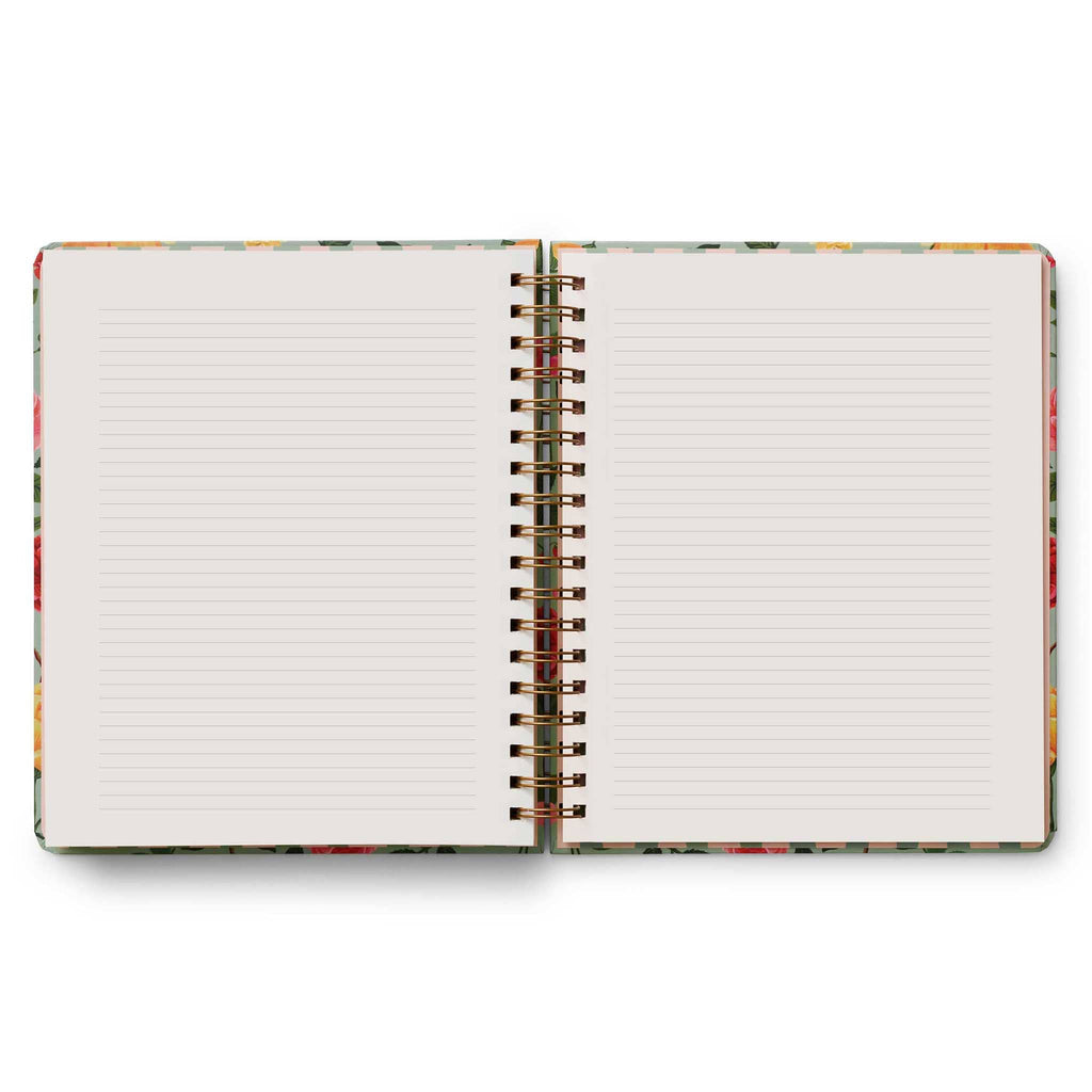 Rifle Paper Co. Roses 2024-2025 17-Month Academic spiral bound planner, ruled notes pages.