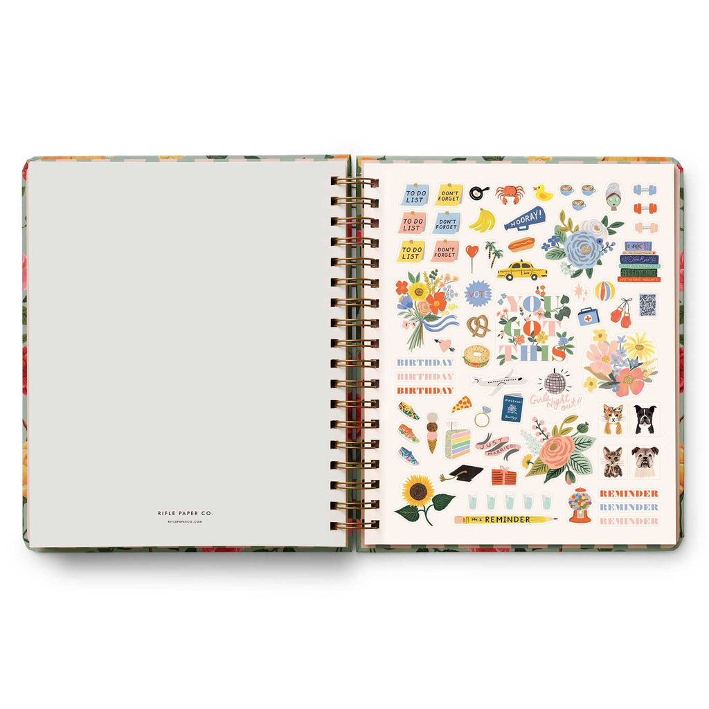 Rifle Paper Co. Roses 2024-2025 17-Month Academic spiral bound planner, sticker page 1.