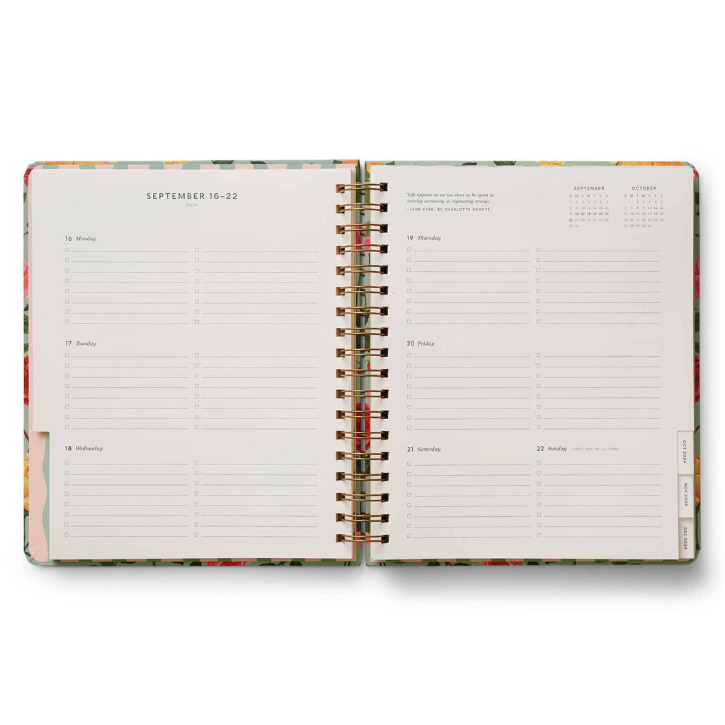 Rifle Paper Co. Roses 2024-2025 17-Month Academic spiral bound planner, sample weekly view pages.