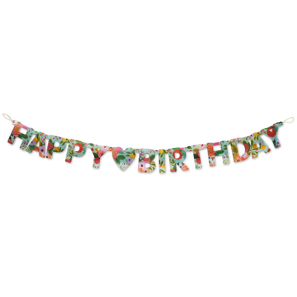 Rifle Paper Co. Garden Party floral print "Happy Birthday" banner, with heart in the middle, full length shown.
