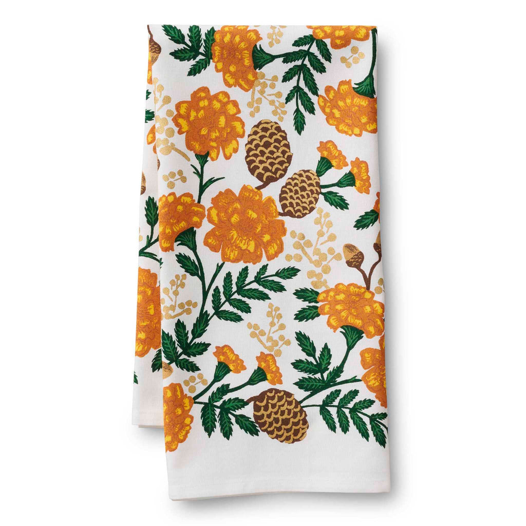 Rifle Paper Co. Grateful Harvest printed cotton tea towel, folded.