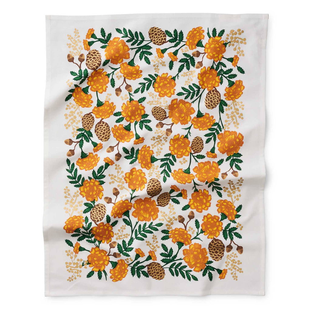 Rifle Paper Co. Grateful Harvest printed cotton tea towel, unfolded.