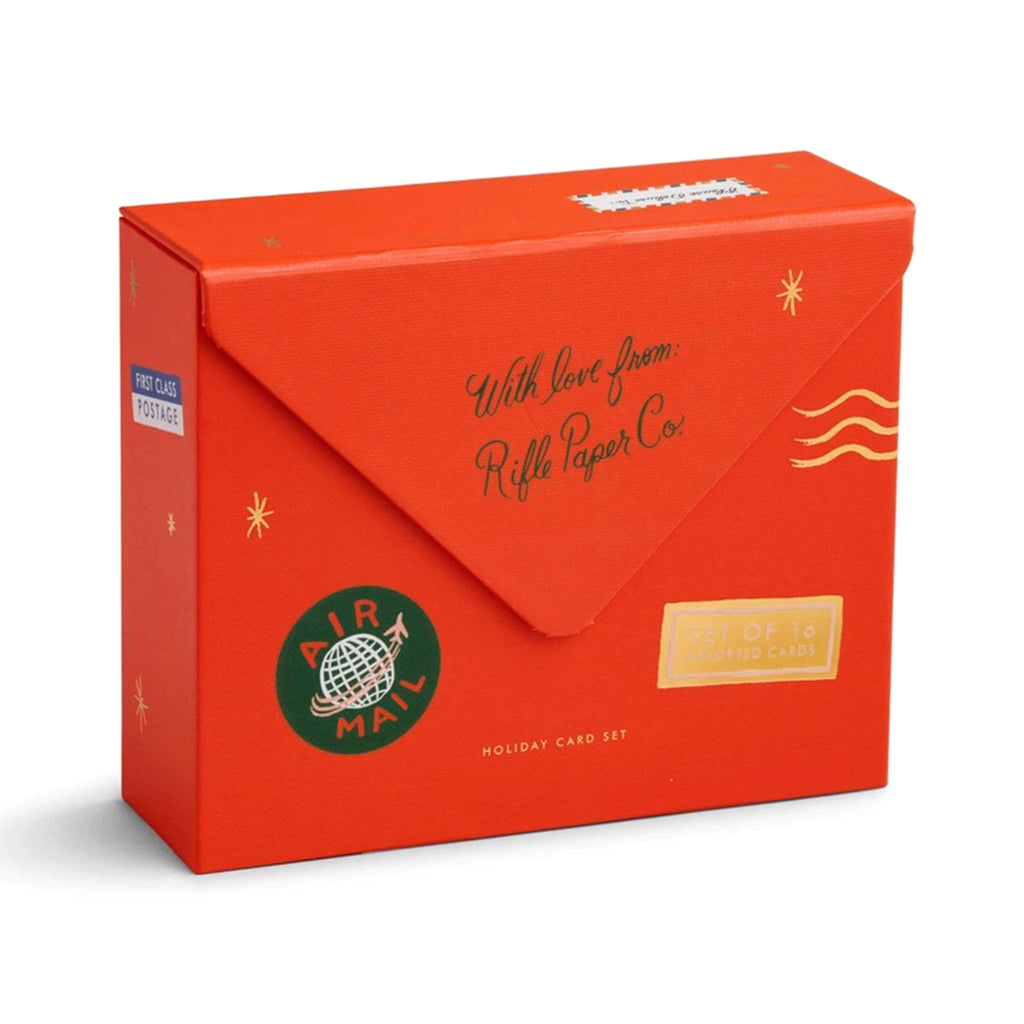 Rifle Paper Co. Holiday Wishes Essentials Christmas Card Box, back view of illustrated red box packaging with gold foil details and magnetic envelope-like closure.