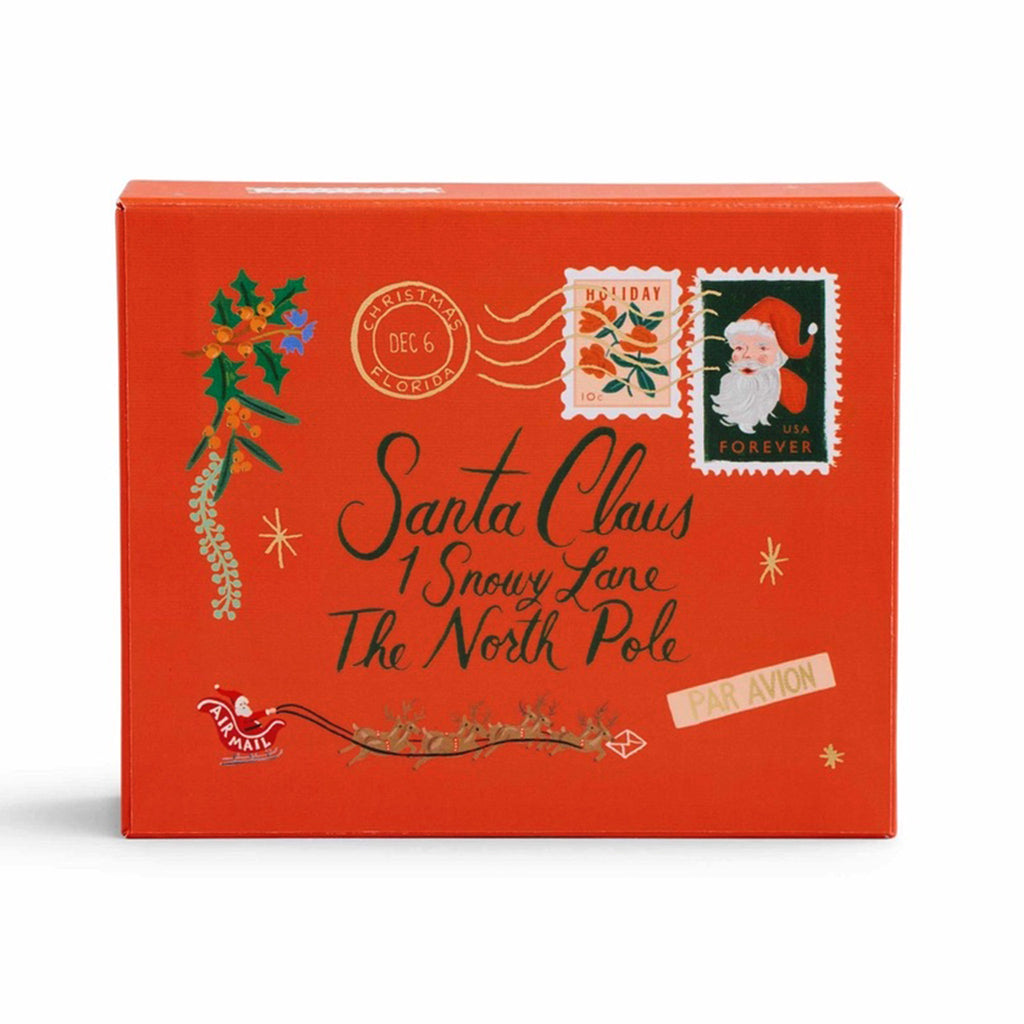 Rifle Paper Co. Holiday Wishes Essentials Christmas Card Box, front view of illustrated red box packaging with gold foil details. 