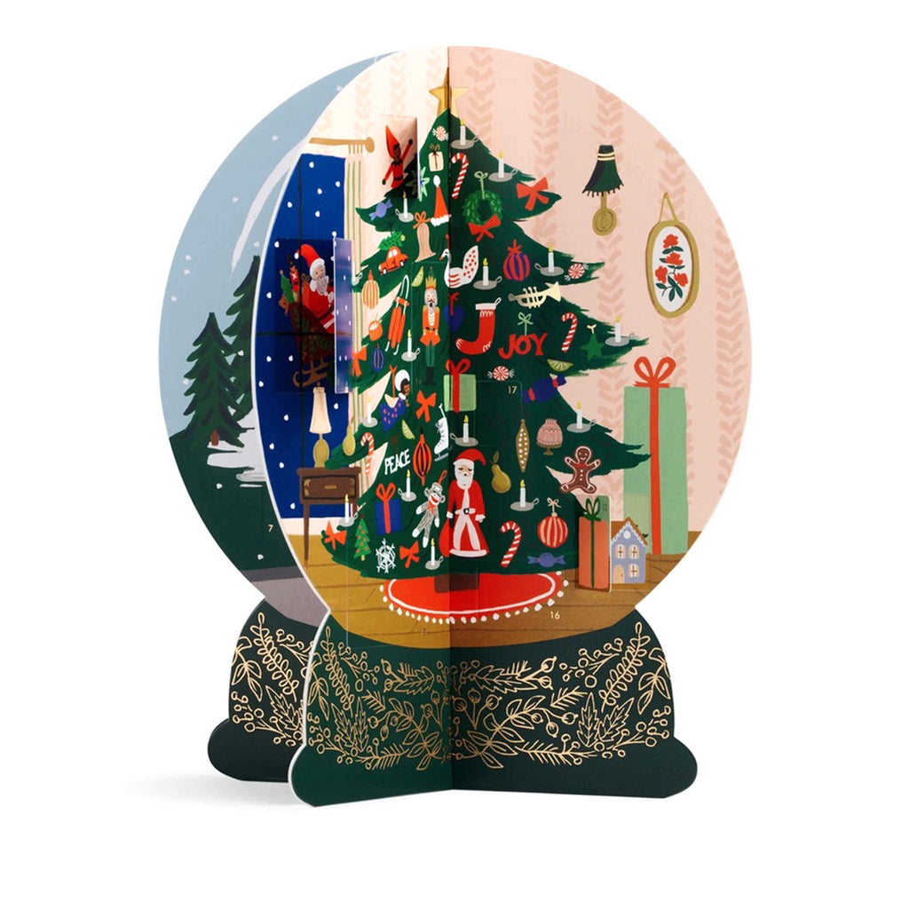 Rifle Paper Co. Paper Snow Globe Advent Calendar, 4-sided 3d construction, Christmas tree view.