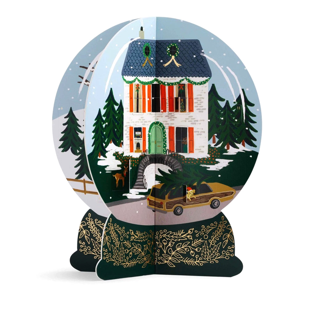 Rifle Paper Co. Paper Snow Globe Advent Calendar, 4-sided 3d construction, house exterior view.