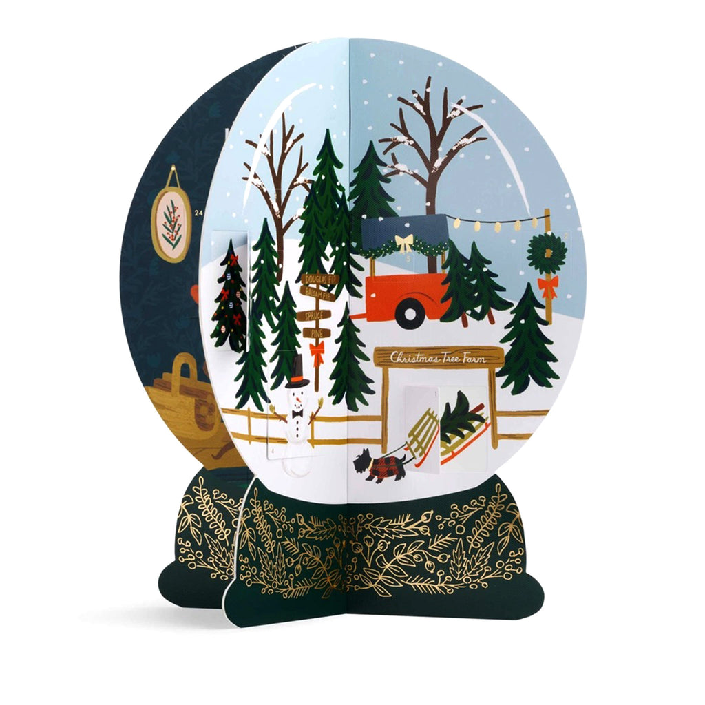 Rifle Paper Co. Paper Snow Globe Advent Calendar, 4-sided 3d construction, Christmas tree farm view.