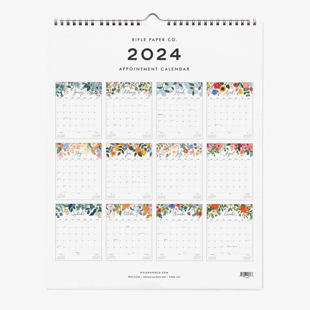 Rifle Paper Co. Peacock Appointment Monthly Wall Calendar, back cover with images of each monthly page.