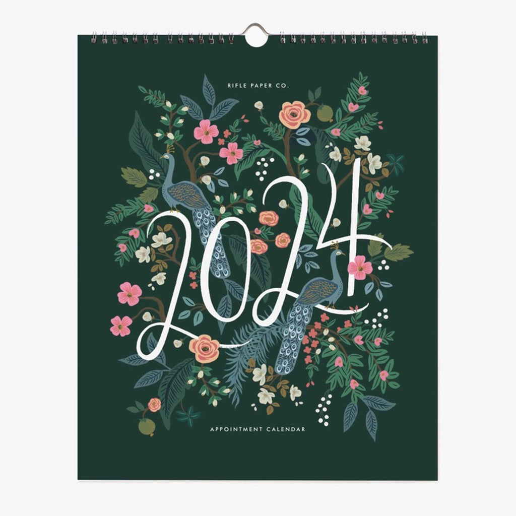 Rifle Paper Co. Peacock Appointment Monthly Wall Calendar front cover with signature floral peacock print on dark green background.