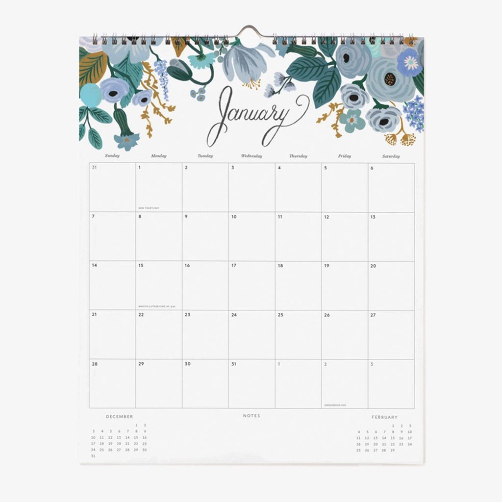 Rifle Paper Co. Peacock Appointment Monthly Wall Calendar, January 2024 month view with floral print at top.