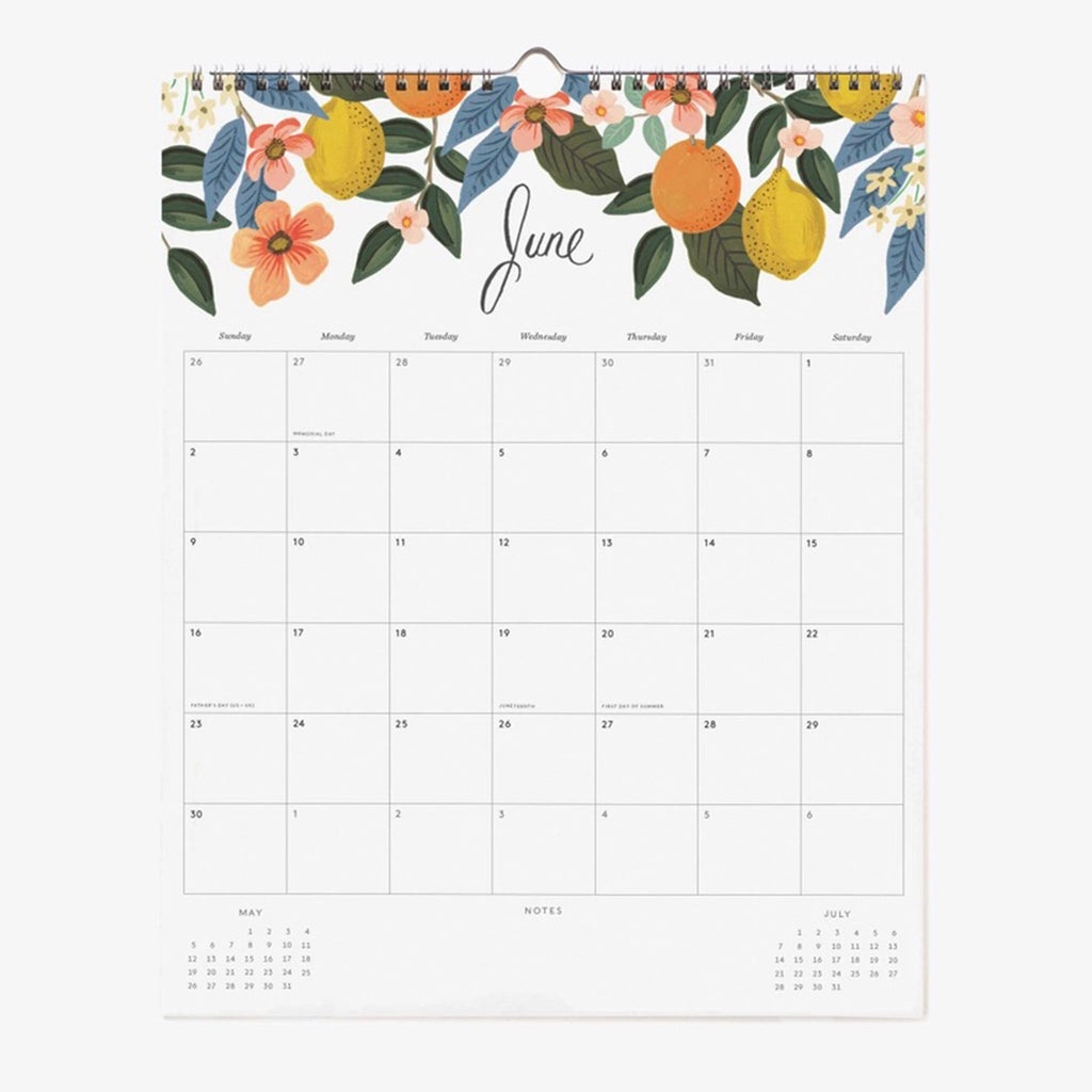 Rifle Paper Co. Peacock Appointment Monthly Wall Calendar, June 2024 month view with fruit and floral print at top.