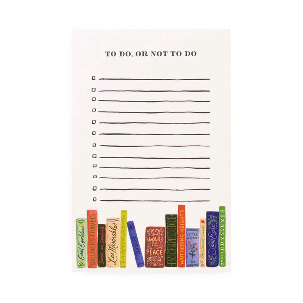 Rifle Paper Co. checklist notepad with an illustration of colorful classic book spines at the bottom and "To Do, or Not To Do" at the top.