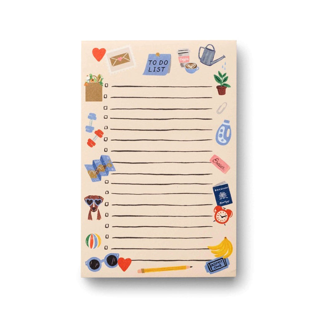 Rifle Paper Co. pale dusty pink checklist notepad with various colorful icon illustrations (detergent, pink eraser, passport, alarm clock, weights, grocery bag, sunglasses, ticket, etc. on border and "to do list" at the top.